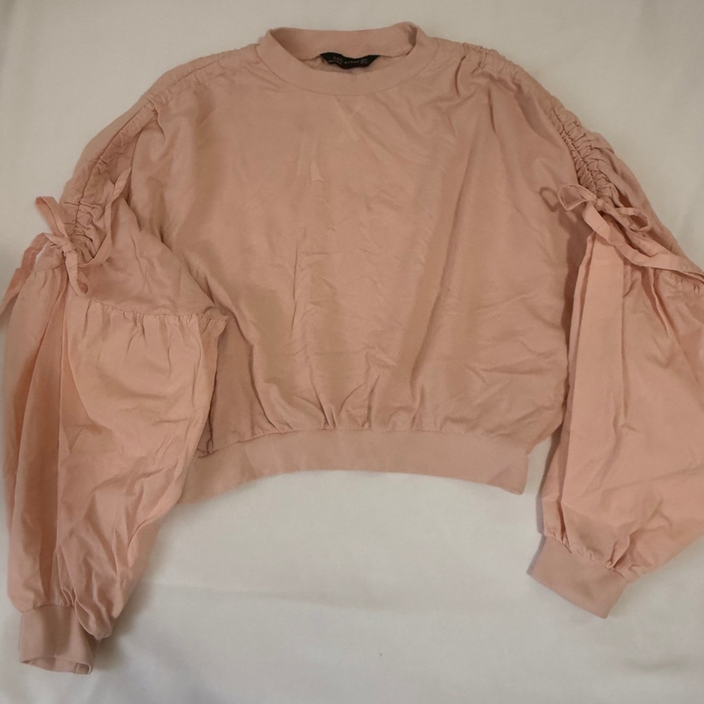 ZARA Pink Gathered Sleeve Sweatshirt Women Medium Crew Neck Casual Pullover - Picture 9 of 15
